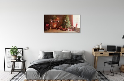 Quadro in vetro Camino albero di natale regali luci