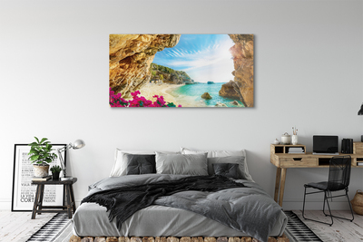 Quadro in vetro Grecia costa scogliere fiori