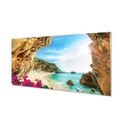 Quadro in vetro Grecia costa scogliere fiori