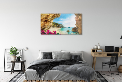 Quadro in vetro Grecia costa scogliere fiori