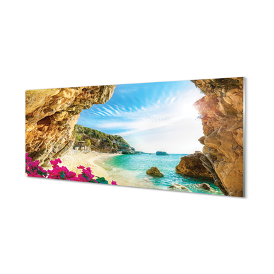 Quadro in vetro Grecia costa scogliere fiori