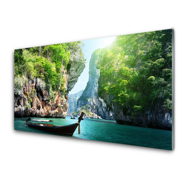 Quadro in vetro Montagna Acqua Barca Natura