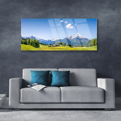 Quadro di vetro Campi Alberi Montagne Paesaggio