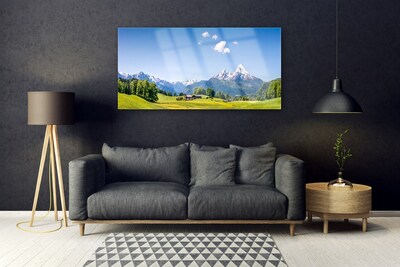 Quadro di vetro Campi Alberi Montagne Paesaggio