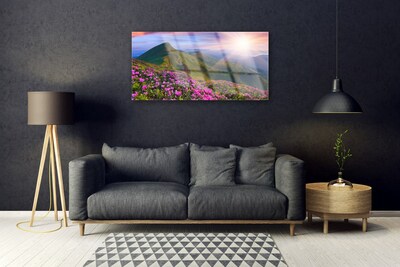 Quadro di vetro Montagne Prato Fiori Paesaggio