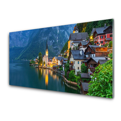 Quadro vetro Montagne Città Lago di Notte