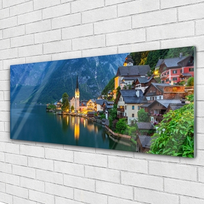 Quadro vetro Montagne Città Lago di Notte