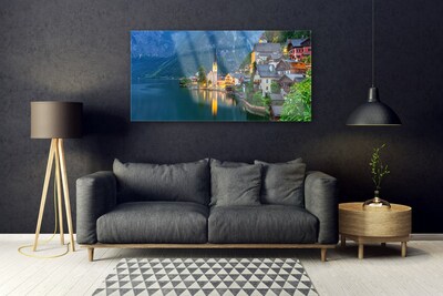 Quadro vetro Montagne Città Lago di Notte