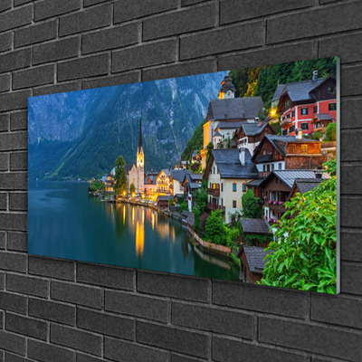 Quadro vetro Montagne Città Lago di Notte