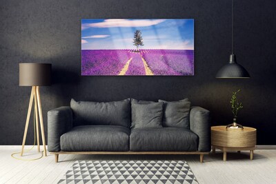 Quadro su vetro Albero del campo di lavanda