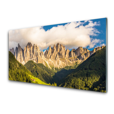 Quadro vetro Cime delle montagne Nuvole Foreste Prato