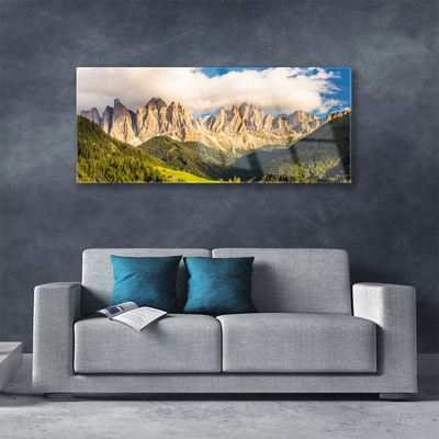 Quadro vetro Cime delle montagne Nuvole Foreste Prato