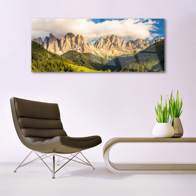 Quadro vetro Cime delle montagne Nuvole Foreste Prato