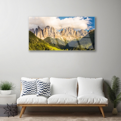 Quadro vetro Cime delle montagne Nuvole Foreste Prato