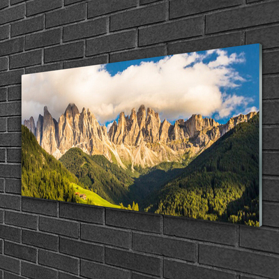 Quadro vetro Cime delle montagne Nuvole Foreste Prato