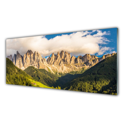 Quadro vetro Cime delle montagne Nuvole Foreste Prato