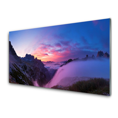 Quadro in vetro Alba delle montagne nebbiose