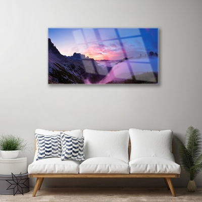 Quadro in vetro Alba delle montagne nebbiose