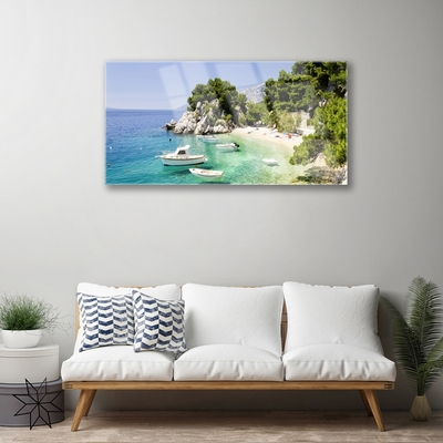 Quadro in vetro Spiaggia di mare Rocks Boats