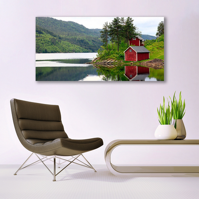 Quadro acrilico Paesaggio del lago di montagna della casa