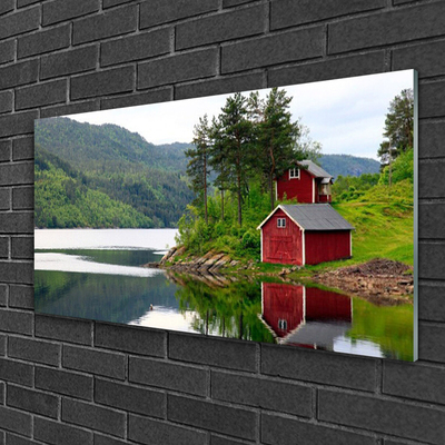 Quadro acrilico Paesaggio del lago di montagna della casa