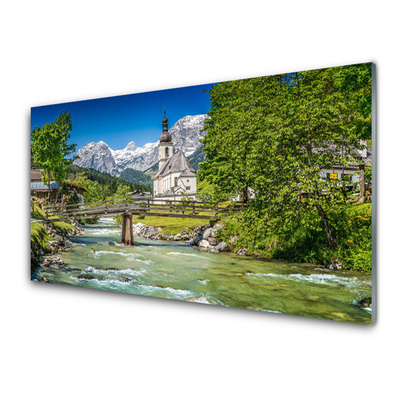 Quadro su vetro acrilico Ponte Chiesa Lago Natura