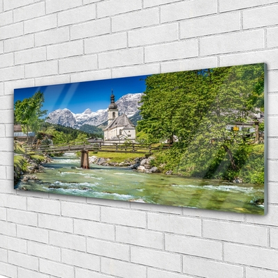 Quadro su vetro acrilico Ponte Chiesa Lago Natura