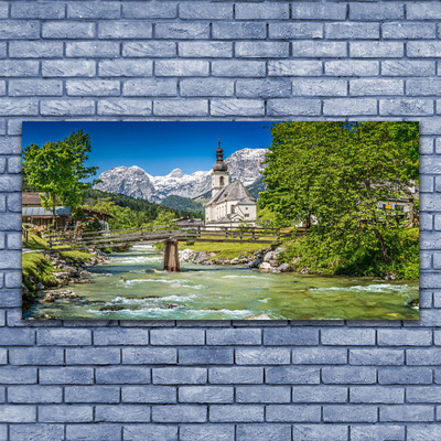 Quadro su vetro acrilico Ponte Chiesa Lago Natura