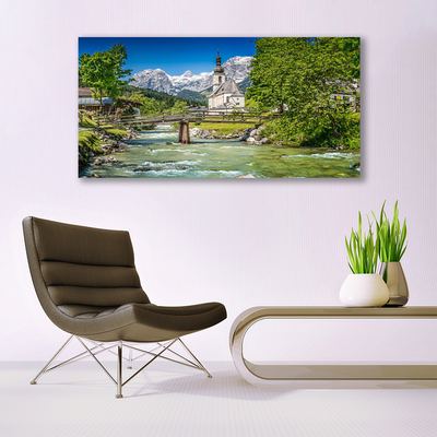 Quadro su vetro acrilico Ponte Chiesa Lago Natura