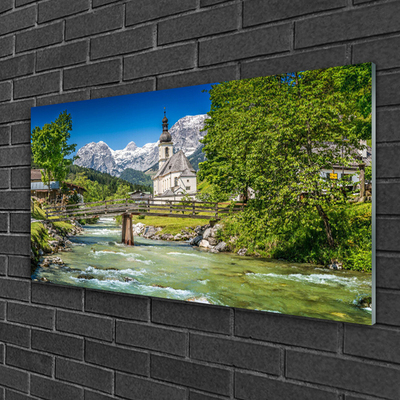 Quadro su vetro acrilico Ponte Chiesa Lago Natura