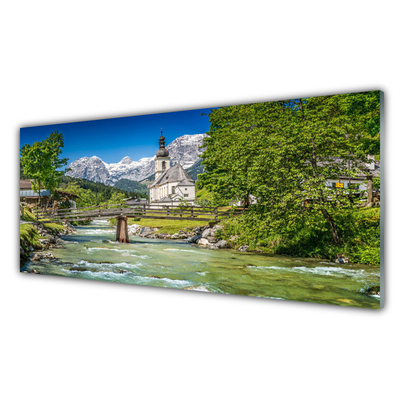 Quadro su vetro acrilico Ponte Chiesa Lago Natura