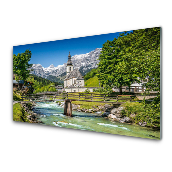 Quadro vetro acrilico Ponte Chiesa Lago Natura