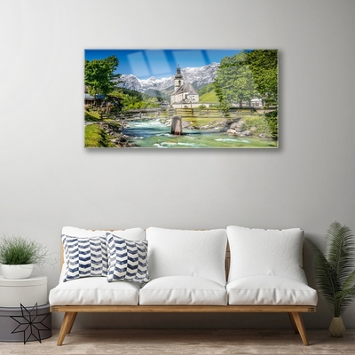 Quadro vetro acrilico Ponte Chiesa Lago Natura