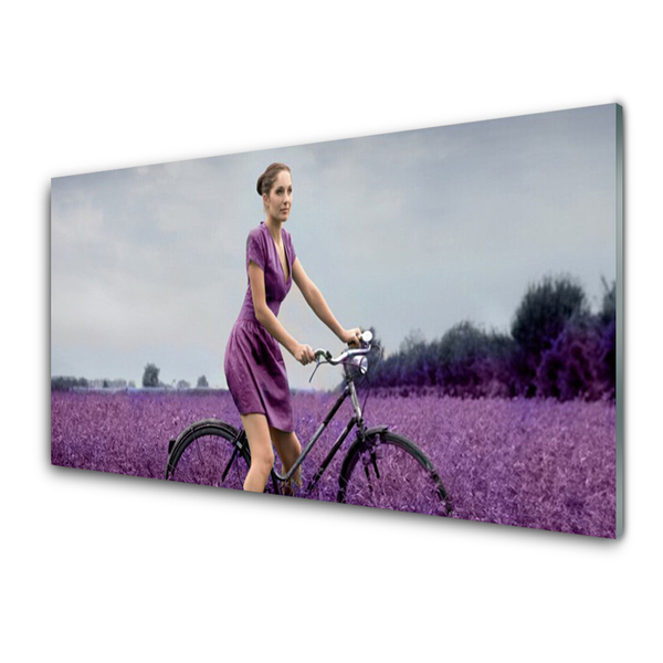Quadro vetro acrilico Uomo della bici del prato della donna