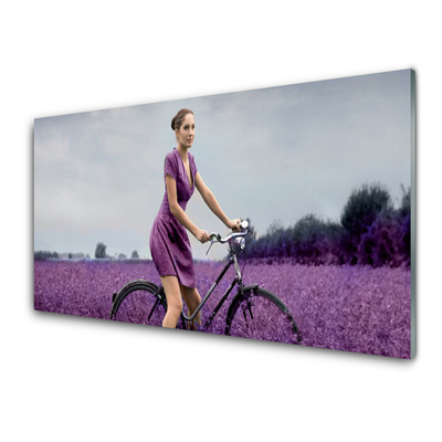 Quadro vetro acrilico Uomo della bici del prato della donna