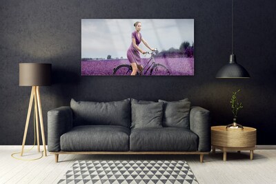 Quadro vetro acrilico Uomo della bici del prato della donna