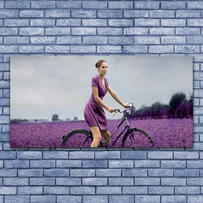 Quadro vetro acrilico Uomo della bici del prato della donna