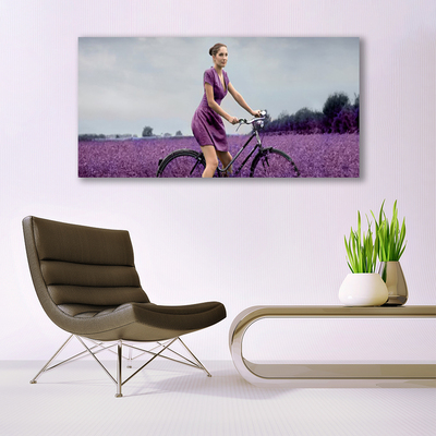 Quadro vetro acrilico Uomo della bici del prato della donna