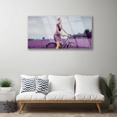 Quadro vetro acrilico Uomo della bici del prato della donna