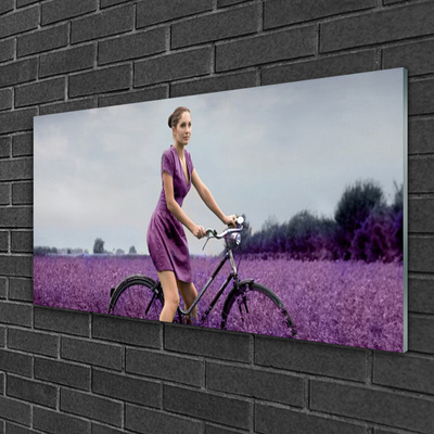 Quadro vetro acrilico Uomo della bici del prato della donna