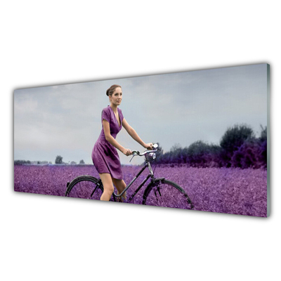 Quadro vetro acrilico Uomo della bici del prato della donna