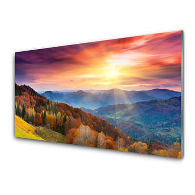 Quadro acrilico Paesaggio del sole della montagna della foresta