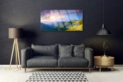 Quadro vetro acrilico Paesaggio del sole del prato di montagna