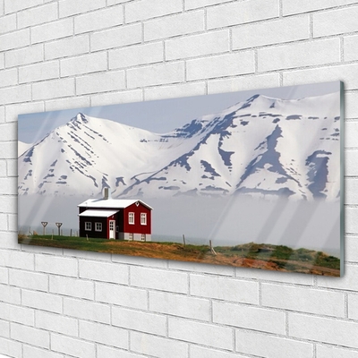 Quadro vetro acrilico Paesaggio di neve della casa di montagna