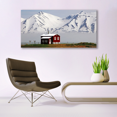 Quadro vetro acrilico Paesaggio di neve della casa di montagna