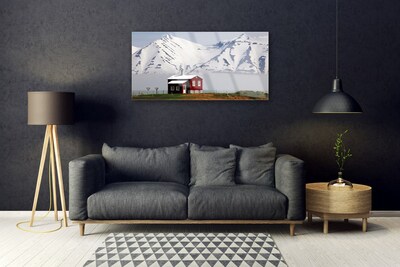 Quadro vetro acrilico Paesaggio di neve della casa di montagna