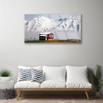 Quadro vetro acrilico Paesaggio di neve della casa di montagna