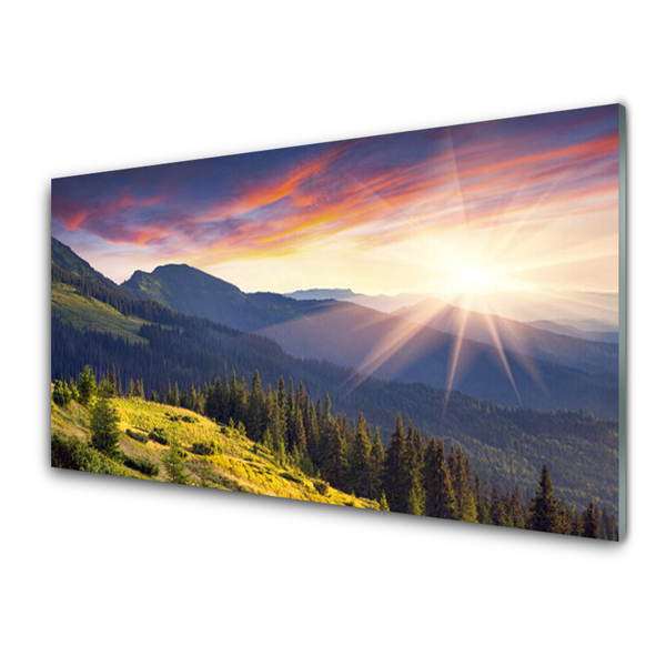 Quadro acrilico Paesaggio del sole della montagna della foresta