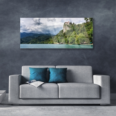 Quadro acrilico Castello nel paesaggio della foresta delle montagne