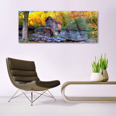 Quadro vetro acrilico Mulino ad acqua della foresta d'autunno